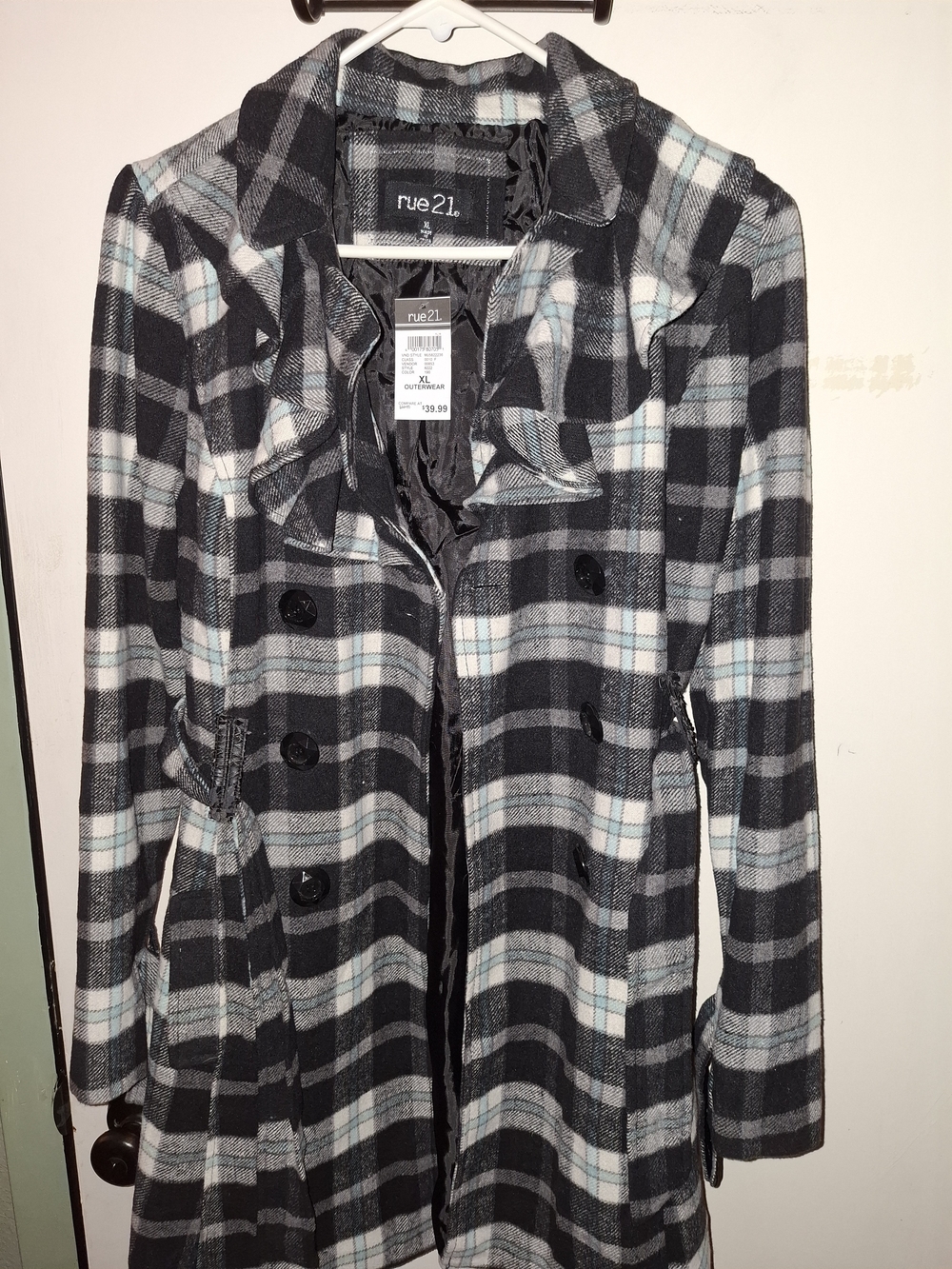 rue21 Black & Gray Plaid Double-Breasted Pea Coat